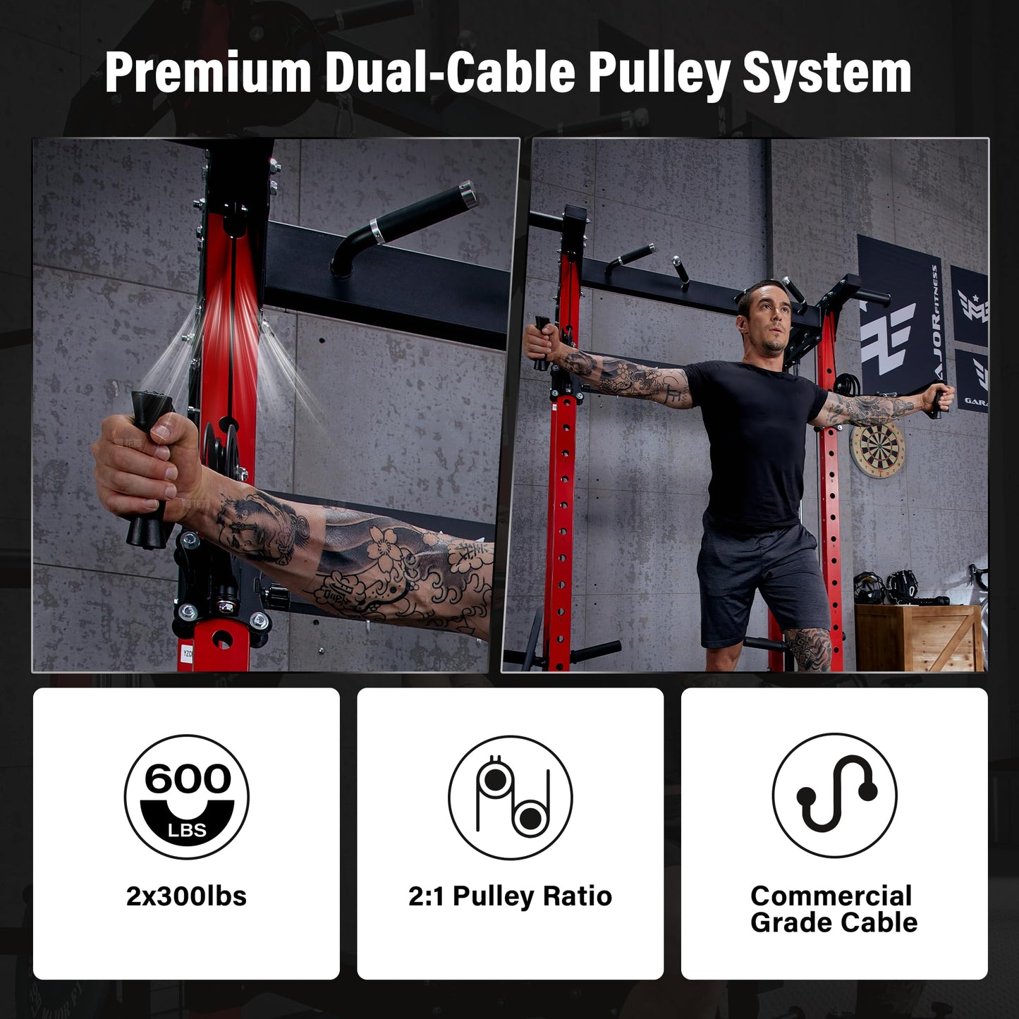 MAJOR FITNESS F22 Power Rack, 1600lbs All-in-One Squat Rack with Cable Crossover, Dual Pulley System, Heavy-Duty Steel Frame, Attachments & Storage for Home Gym Strength Training, Black