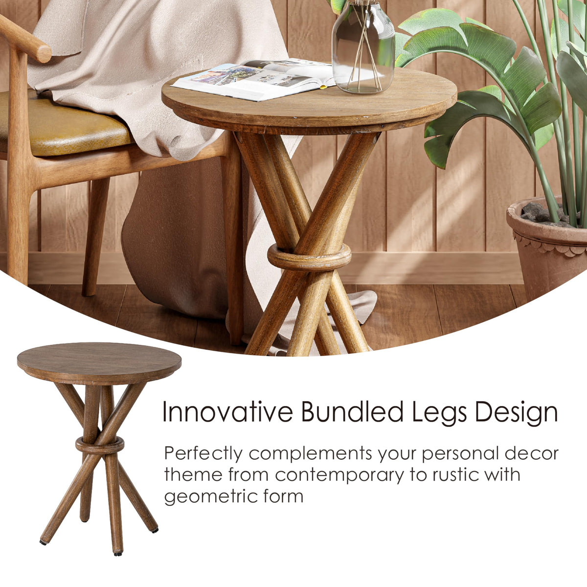 COZAYH Small Round Wood End Table Farmhouse Wooden Side Table Rustic Plant Stand with Bundled Legs for Living Room, Office, Walnut