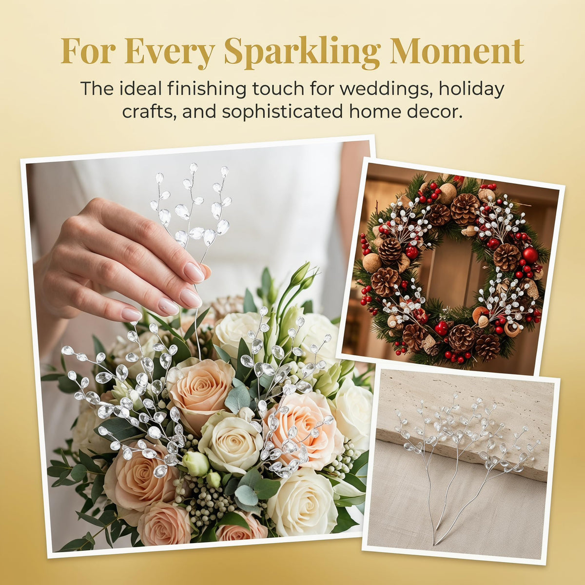 VOSAREA 50pcs Crystal Floral Picks: Flexible 3-Strand Artificial Bouquet Stems with Acrylic Bead Drops for Wedding Decor and DIY Crafts - White 6.69 Inch
