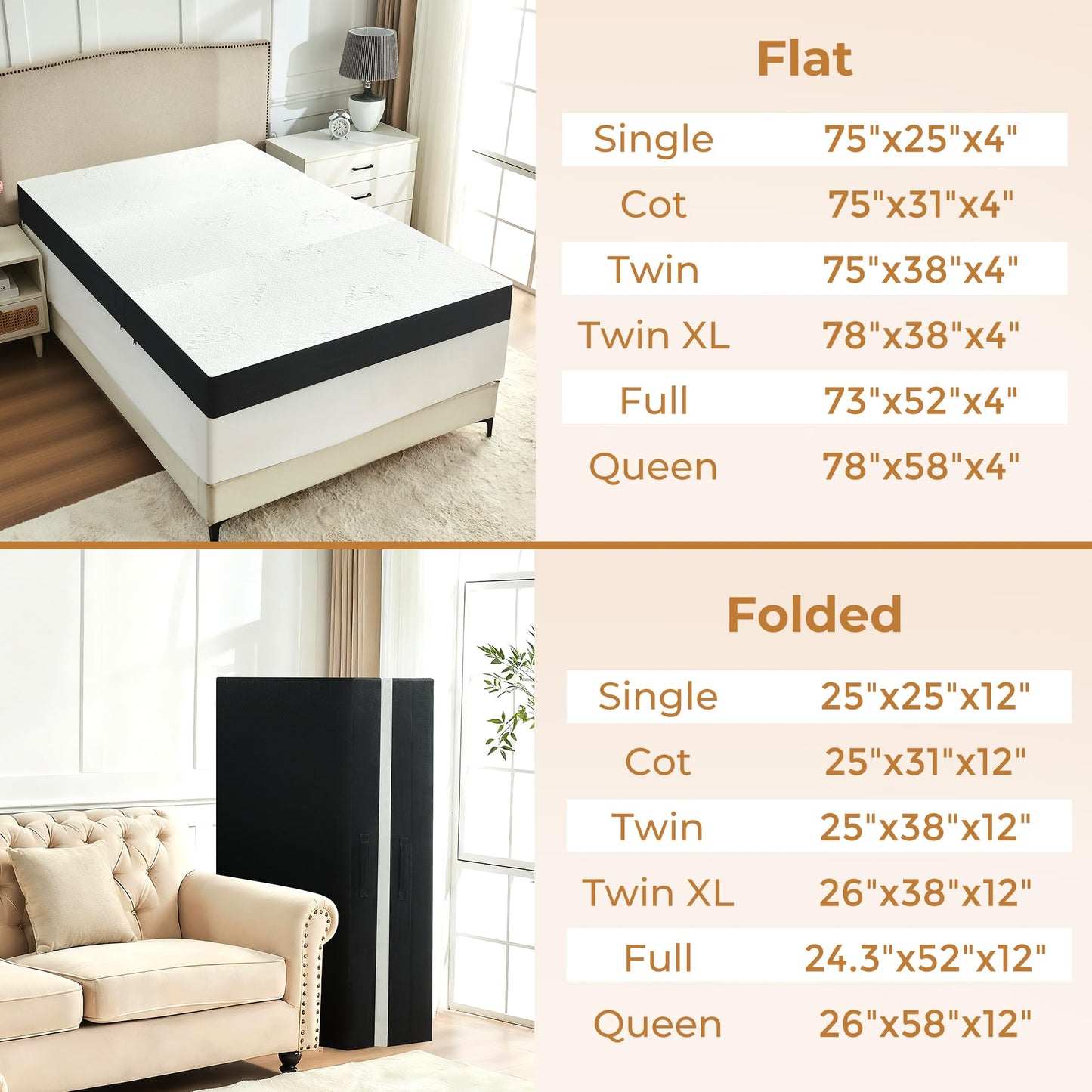 bedsmile 4 Inch Trifold Mattress, Twin Size Foldable Memory Foam Mattress with Viscose Derived from Bamboo Washable Cover, Folding Mattress Topper Floor Bed for Camping, Guest, RV, Ventilated