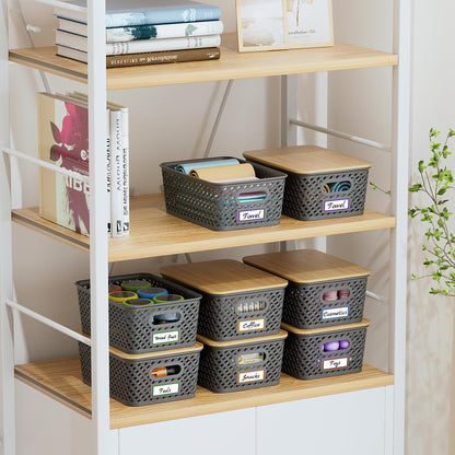 Anysig 8 Packs Plastic Storage Bins with Bamboo Lids - Stackable Storage Bins Decorative Small Basket Containers for Organizing Shelves Office Classroom Desktop Closet, Grey