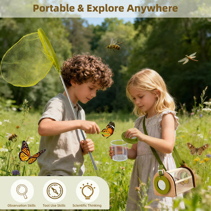 Wooden Bug Catcher Kit for Kids, Bug Catching & Insect Explorer Set with Butterfly Net, Magnifying Glass, Bug Container, Nature Exploration Outdoor Adventure Toy, Camping Gifts for Boys Girls Age 3-12