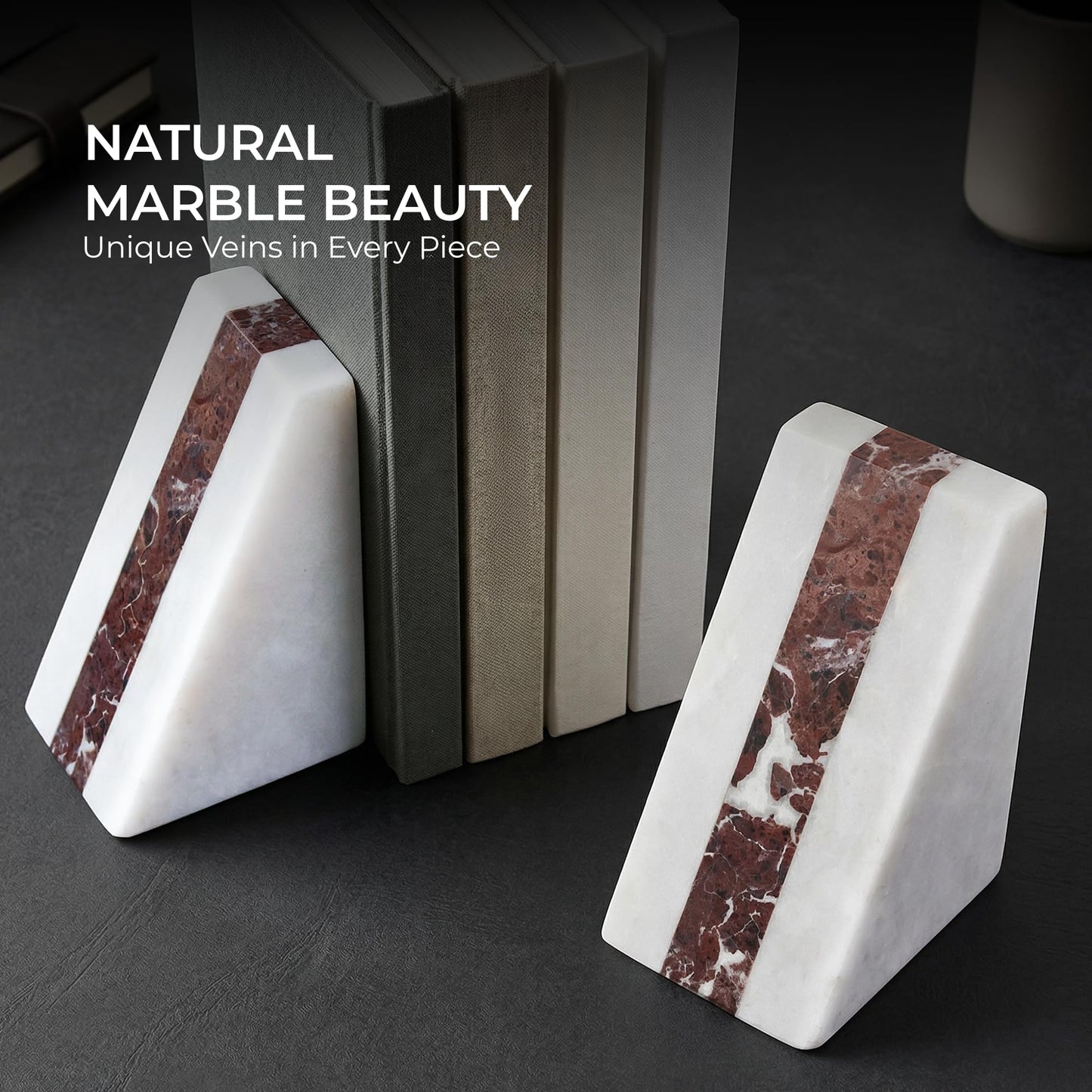 UrbanFocal White Marble Bookend 6" - Book Stoppers for Bookshelves - Modern Decorative Marble Bookends for Home and Office, White