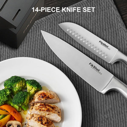 FIKSHOT Kitchen Knife Set, German Stainless Steel kitchen knives – Includes Knife Block Set & Sharpener, High Carbon, Rust-Resistant, Ergonomic Handle for Cooking, Grilling & Gifting