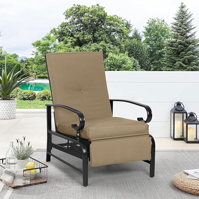 Oakcloud Adjustable Outdoor Lounge Chair Metal Patio Relaxing Recliner Chair with Removable Cushions(Brown)