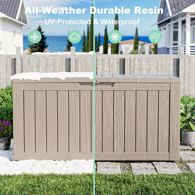 ROJIK Outdoor Storage Housing Deck Box - Waterproof Patio Furniture, Garden Tools, Cushions, Pool Accessories Storage Bench with Lockable Lid and Side Handles (Grey 88 Gal)