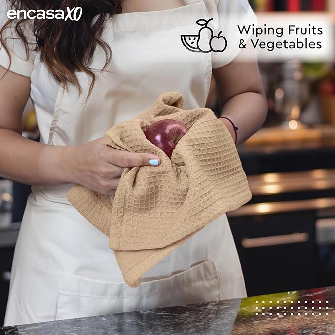 Encasa XO Kitchen Dish Towels Set | Beige | Waffle Weave and Flat Hand Tea