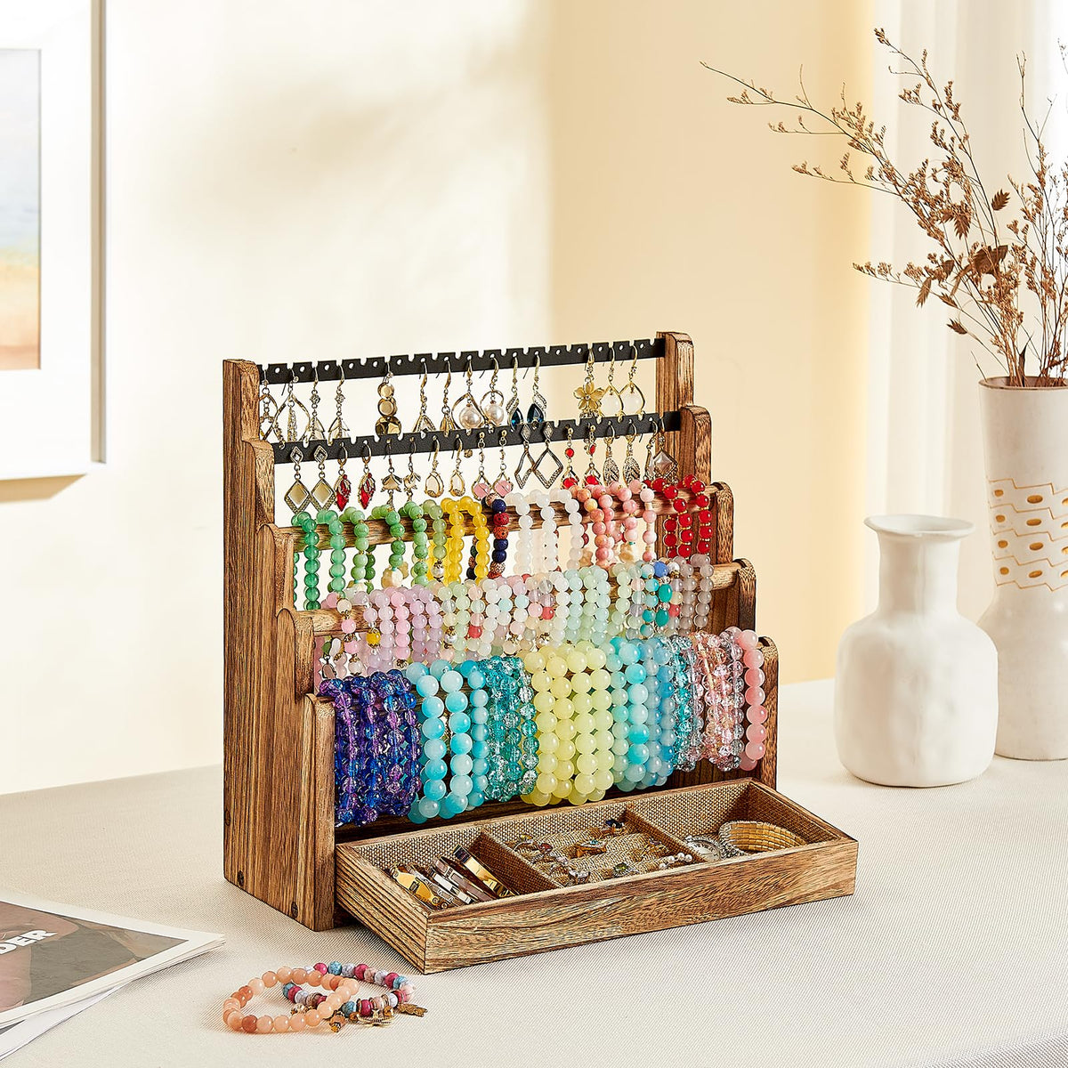 Pinzoveco Bracelet Holder, 3 Tier Rustic Bracelet Holder Display with 2 Tier Earring Organizer, 5 Tier Wooden Jewelry Display for Vendors, Home and Store