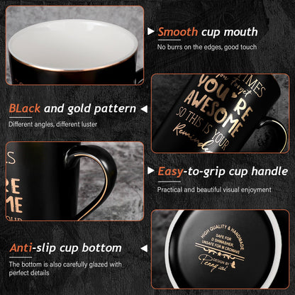 Anniversary Birthday Thank You Gifts for Men, Sometimes You Forget You're Awesome - 14oz Unique Black Ceramic Inspirational Mug with Gold Print, Funny Valentines Day Presents for Boyfriend Husband Him