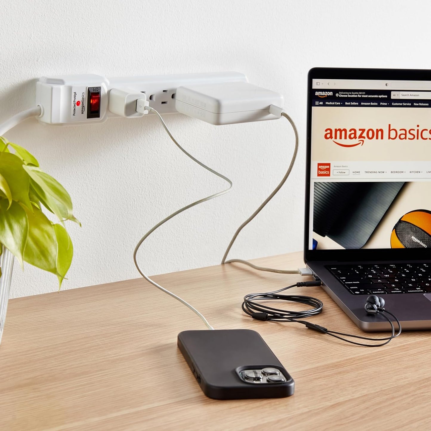 Amazon Basics Rectangle 6-Outlet, 600 Joule Surge Protector Power Strip, 2ft, Small, White, 2-Pack