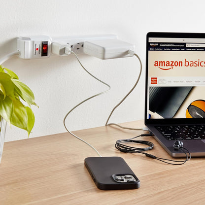 Amazon Basics Rectangle 6-Outlet, 600 Joule Surge Protector Power Strip, 2ft, Small, White, 2-Pack