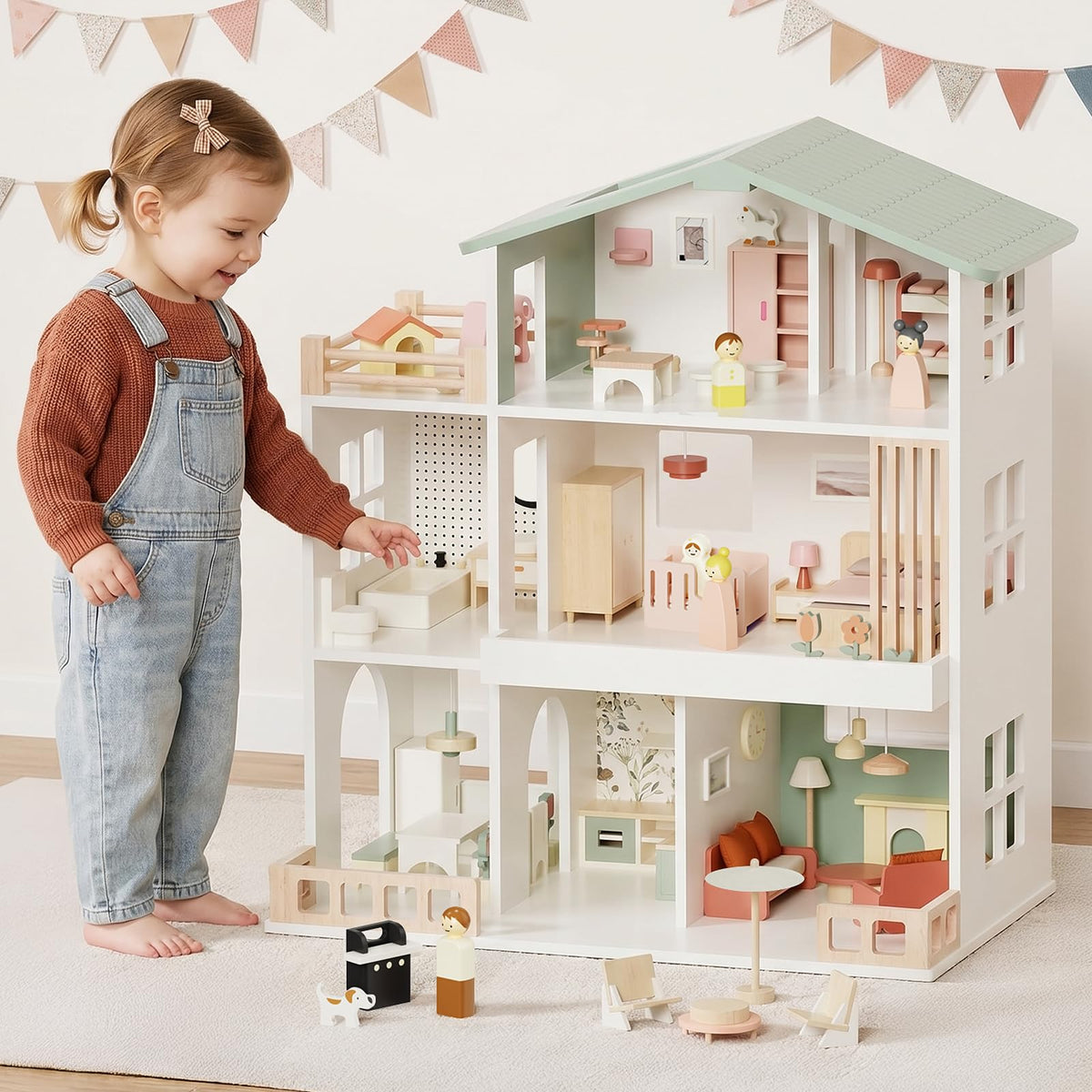 Fabuday Modern Wooden Doll House for Kids Girls - Toddler Dollhouse with 8 Rooms Playset, DIY Pretend Play Houses Toy Kits with 81 Pcs Furniture Accessories, Dolls & Pets, Gift for Ages 3+