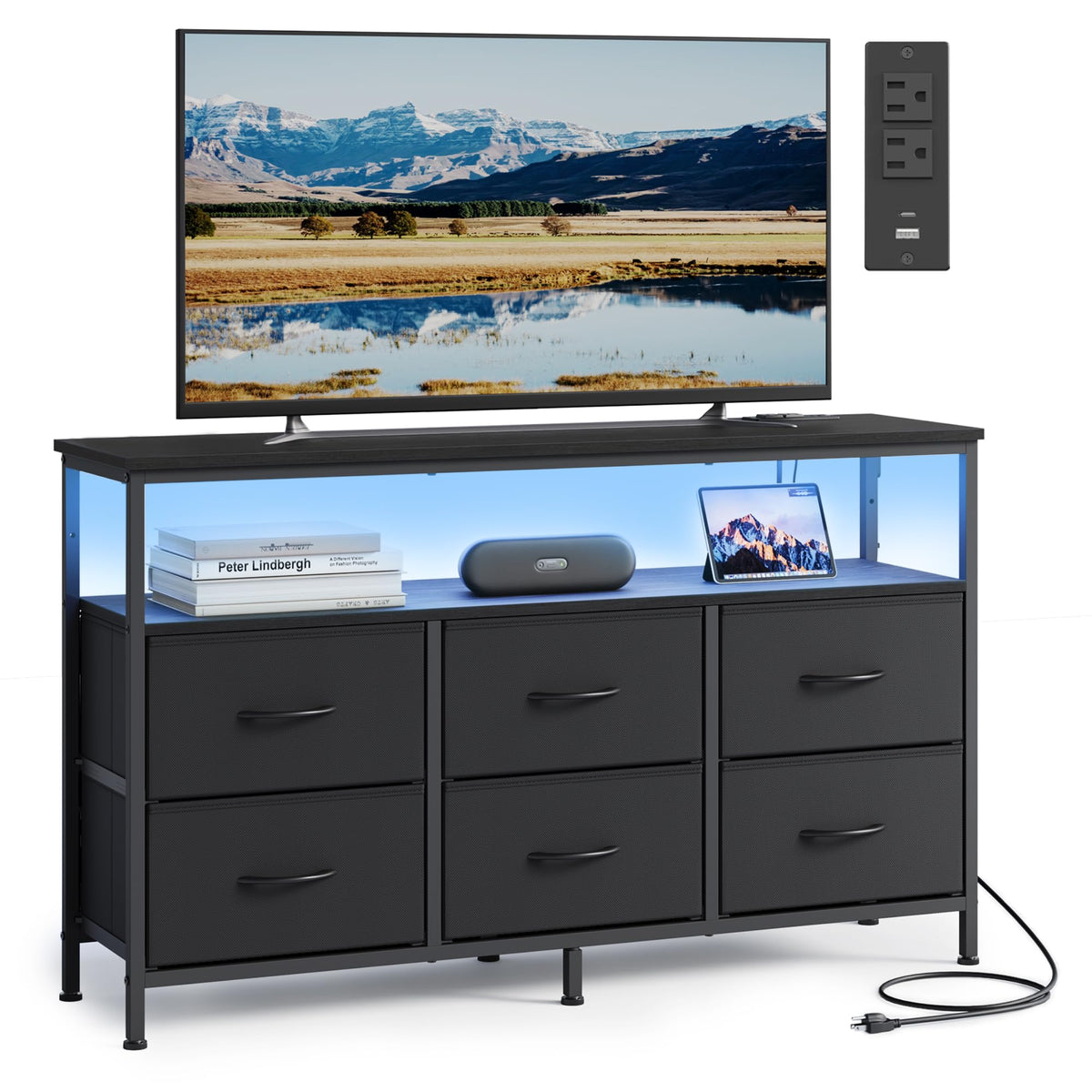 SONGMICS BELLAH Collection - Dresser for Bedroom, Chest of Drawers, TV Stand for TVs Up to 55 Inches, Living Room, Closet, 6 Drawers and 1 Shelf, Modern, Ink Black ULGS833BH02S