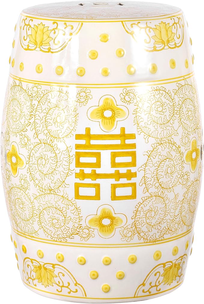 JONATHAN Y TBL1013B Double Happiness 18" Chinoiserie Ceramic Drum Indoor/Outdoor Garden Stool Bohemian, Coastal, Classic, Cottage,Traditional, Patio, Garden, Bathroom, Living Room, Yellow/White