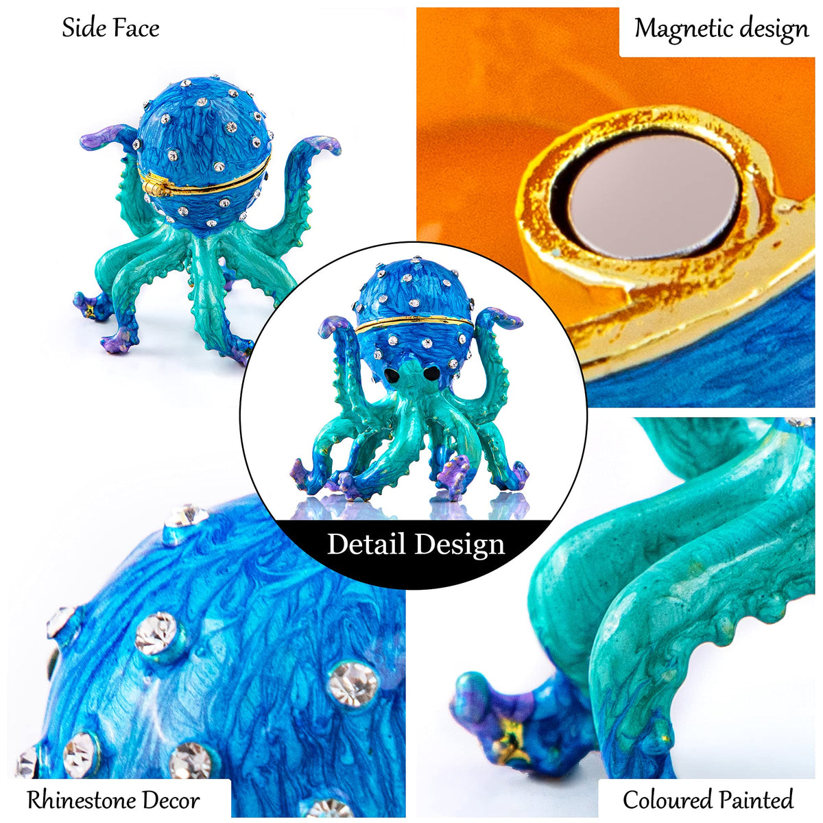 YU FENG 2.5'' Hand-painted Enamel Octopus Jewelry Trinket Box Hinged Jewelry Organizer with Crystals Ring Earring Storage Box Blue Sea Animal Figurine Keepsake Collectible Christmas Gift