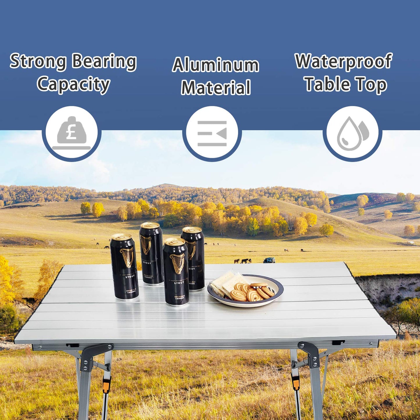 CampLand Aluminum Table Height Adjustable Folding Table Camping Outdoor Lightweight for Camping, Beach, Backyards, BBQ, Party