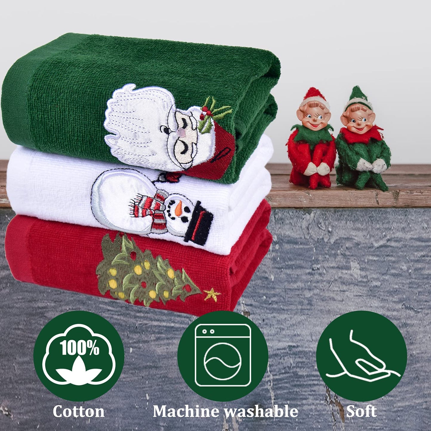 ULERSP Christmas Hand Towels for Bathroom 16 x 25 inch, 3 Pack Embroidery Design 100% Cotton Super Soft and Absorbent Dish Towels, for Holiday, Kitchen, Drying, Cleaning Gift