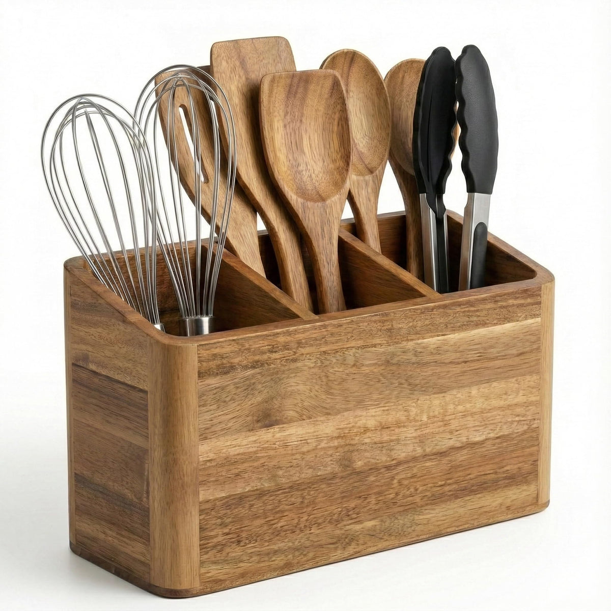 Dstuff Large Kitchen Utensil Holder Organizer for Counter or Countertop, Large Wooden Utensil Holder for Storage Cooking and Silverware with 3 Compartment, Acacia Rustic Wood Container Extra Large