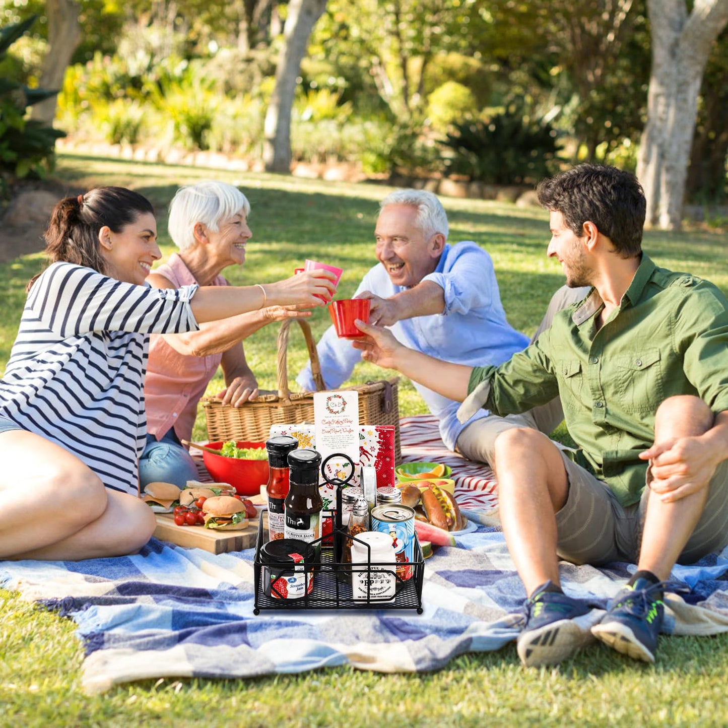 ZOOFOX Metal Napkin Holder with Salt and Pepper Shakers, 2-in-1 Condiment Holder for Table, 4 Compartment Restaurant Wrought Iron Condiment Rack for Party, Camping, Picnic