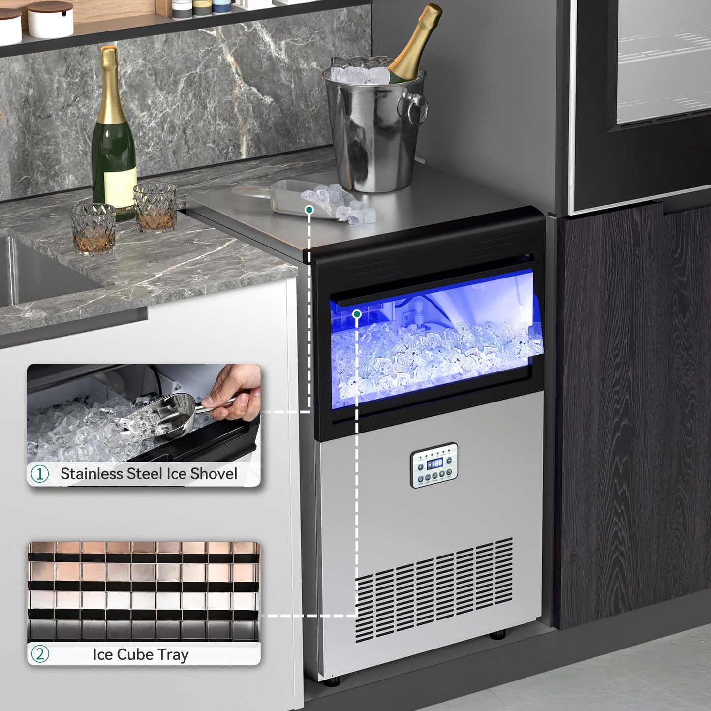 YITAHOME 120Lbs Commercial Ice Maker Machine, Under Counter Ice Machine Commercial, Big Ice Makers for Home Cafe Bar Restaurant 50pcs with 33lbs Storage Bin