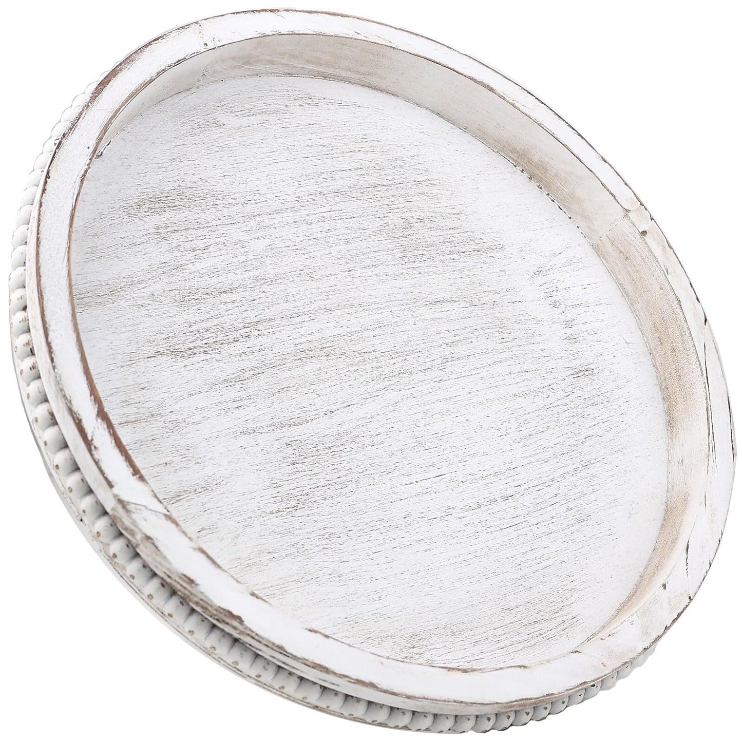 Hrastany Round Wood Serving Tray with Beaded, 13” Rustic Wooden Decorative Coffee Table Tray for Centerpiece, Ottoman, Farmhouse Circle Trays for Counter, Living Room, Home Decor (Whitewashed)