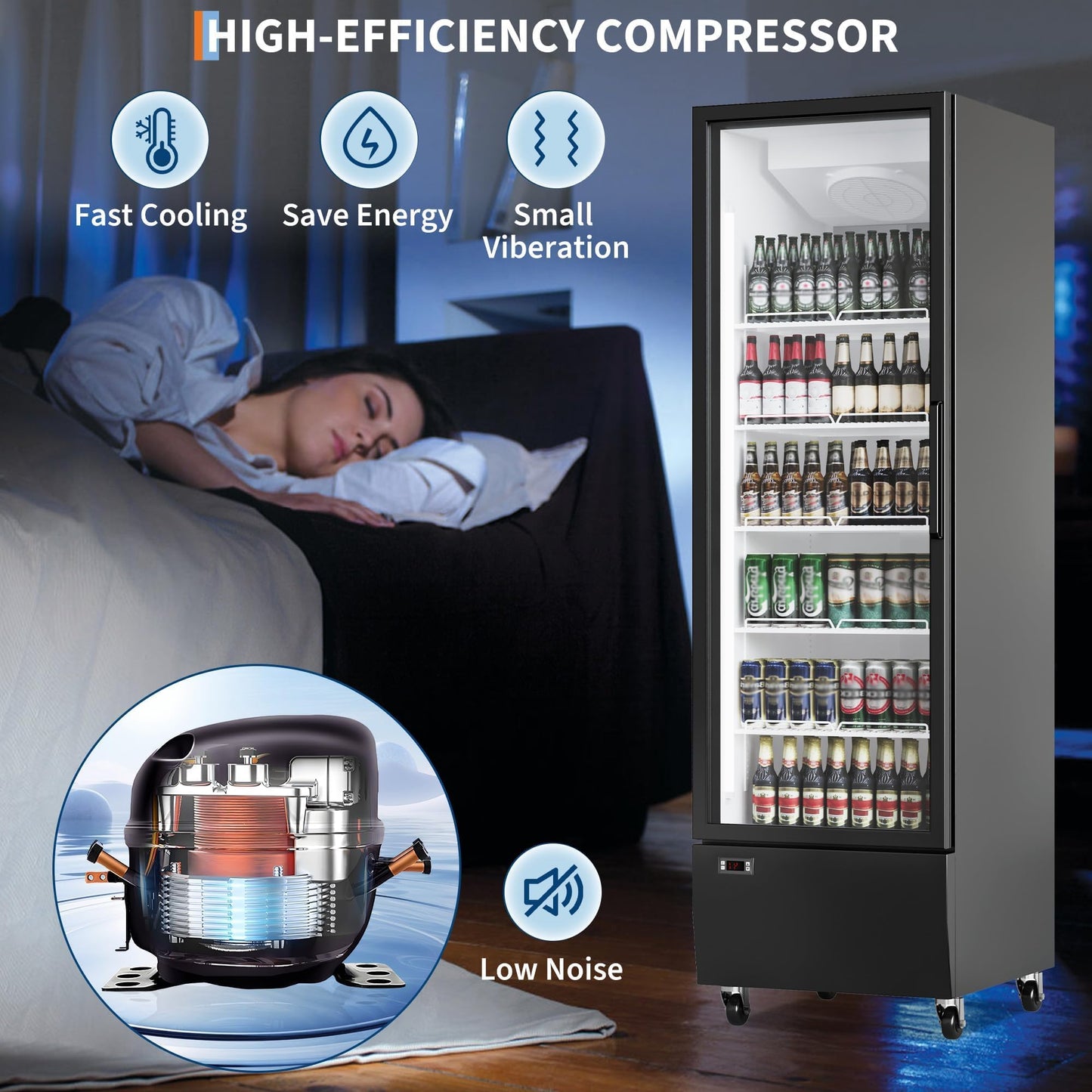 Commercial Merchandiser Refrigerator 17.7 Cu.ft Beverage Cooler, Glass Door Display Fridge with 5 Adjustable Shelves, Large Capacity Bar Fridge for Restaurant, Store, Upright Freezer for Home, Black