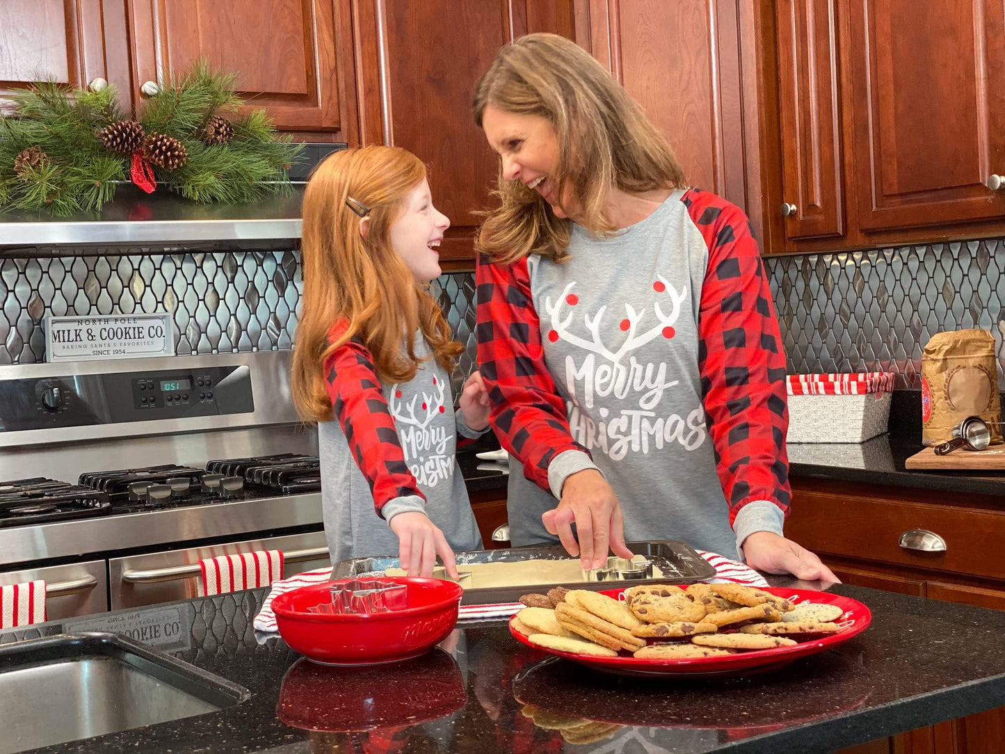 IFFEI Matching Family Pajamas Sets Christmas PJ's with Letter and Plaid Printed Long Sleeve Tee and Bottom Loungewear 6-7 Years Grey