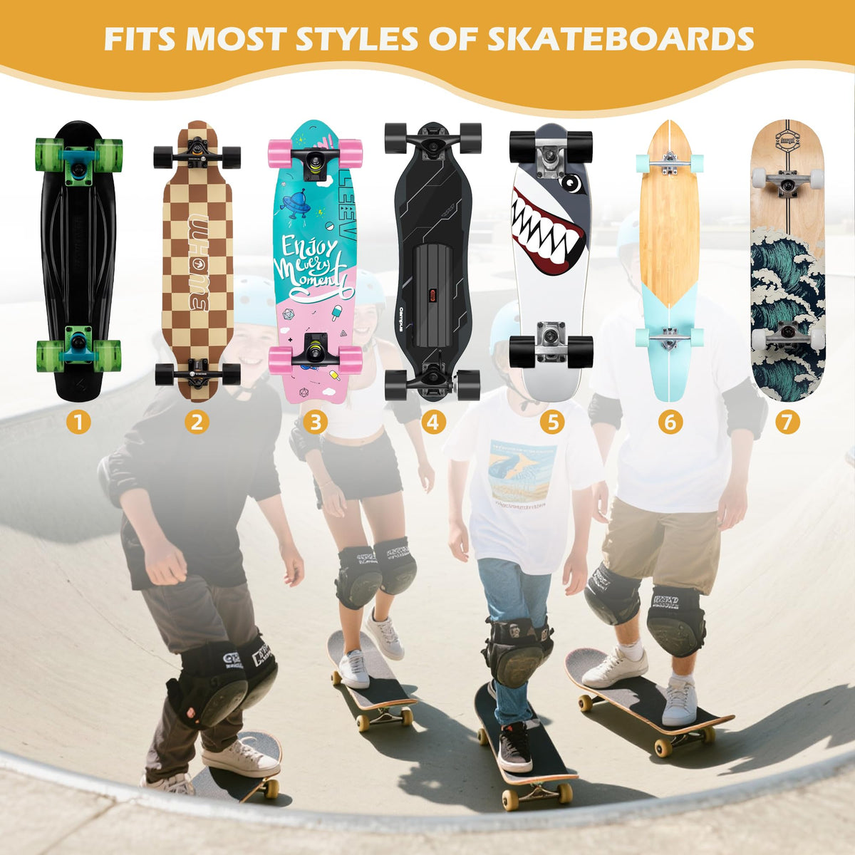 Skateboard Wall Mount Rack 4-Board Horizontal Storage — Wood Display Shelf, Holds 4 Longboards, Decks & Boards, 2 Round Wooden Helmet Stands & 5 Accessories Hooks, Garage Game Room Organizer (Black)