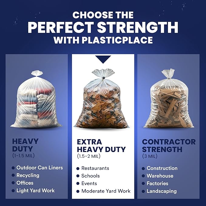 Plasticplace 55-60 gallon Trash Bags │ 1.5 Mil │ Clear Heavy Duty Garbage Can