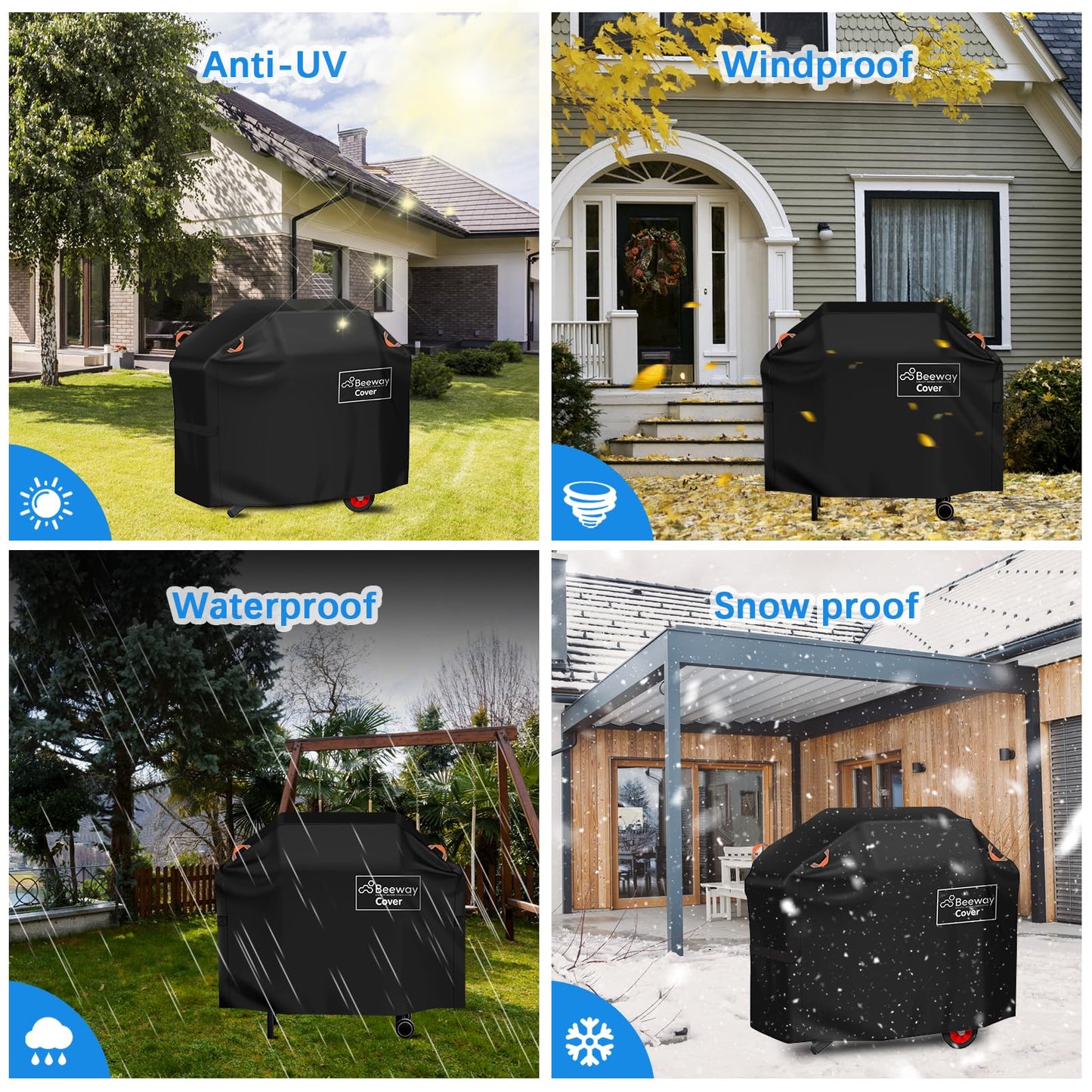 BEEWAY Barbecue Cover, BBQ Grill Cover fits Weber, Brinkmann, Char Broil - Heavy Duty Large BBQ Covers, UV & Waterproof, Rip-proof with Reflective Straps and Storage Bag (145 x 61 x 120cm)