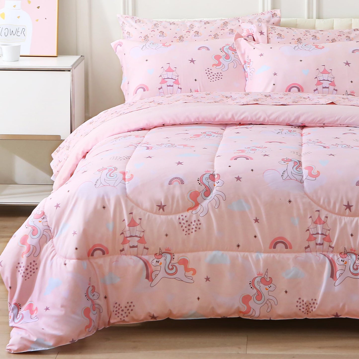 Viviland Kids Twin Bedding Sets for Girls, Soft Twin Comforter Set with Sheets, 5 Pieces Microfiber Bed in a Bag, Pink Unicorn