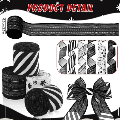 Suncalla 6 Roll 30 Yards Black and White Ribbon Wired 2.5 Inch Boho Stripes Wired Ribbon for Wedding Gift Wrapping Wreaths DIY Hair Bows Decor Crafts