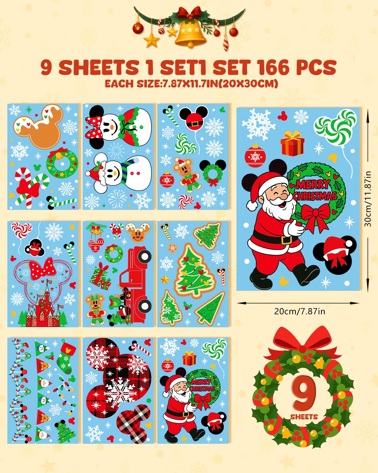 JMHACHY Christmas Window Clings - 9 Sheets 166 Pcs Cute Xmas Decorations for Winter Holiday Home Party, Santa Snowman Tree Snowflake Gingerbread Stickers for Glass, Double-Sided Static Window Decals