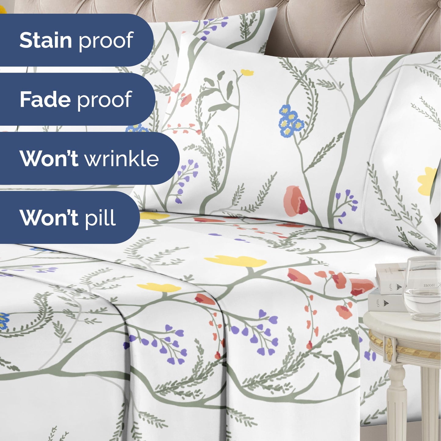 Floral Sheets - Boho Full Bed Sheet Set - 1 Flat, 1 Fitted & 2 Pillowcases w/ Deep Pockets - Comfy, Wrinkle & Fade Free - Boho Botanical Bedding - Ultra-Soft, Breathable and Cooling - Full Size Set