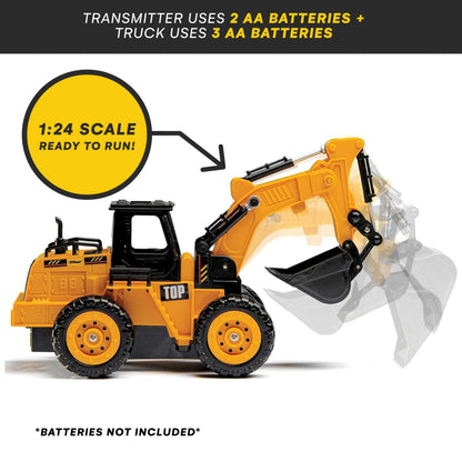 Top Race 5-Channel Fully Functional Remote Control Excavator - 1:24 Scale RC Construction Truck Toy with Multi-Directional Movement for Kids - Digger Toy for Boys and Girls Ages 3 and Up