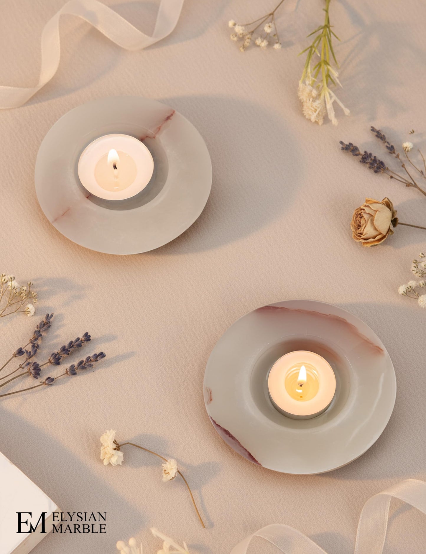 Tealight Candle Holders Set of 2 – Handcrafted Natural Marble Tea Light & Votive Holders, Decorative Stone Candle Holder Pair for Home Décor, Dining Table, Coffee Table & Wedding Decor