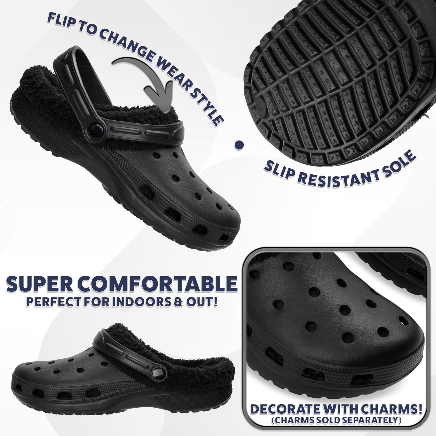 CityComfort Men's Teens Clogs Winter Classic Fleece Lined House Shoes - Warm Garden Shoes Slip On with Strap (Black, 9 UK)