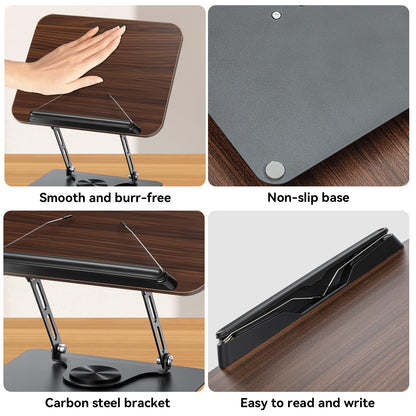 360° Rotating Book Stand for Reading, Adjustable Foldable Book Holder for Reading, Cooking, Office, Compatible with Cookbooks, Textbooks, Tablets, Sheet Music, and Laptops (Black Walnut)