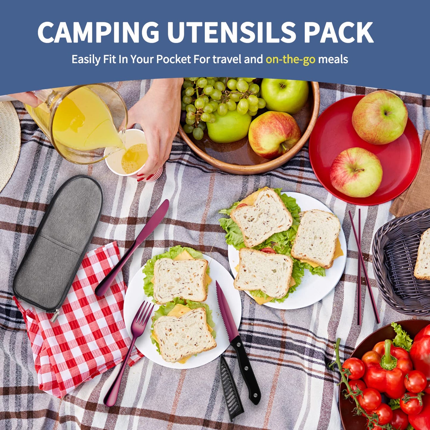 Logcow Travel Utensils Set with Case, 10-Piece Reusable Stainless Steel Camping Cutlery, Portable Fork Spoon Knife Chopsticks & Straw for Work, Lunch, Picnic (Purple)