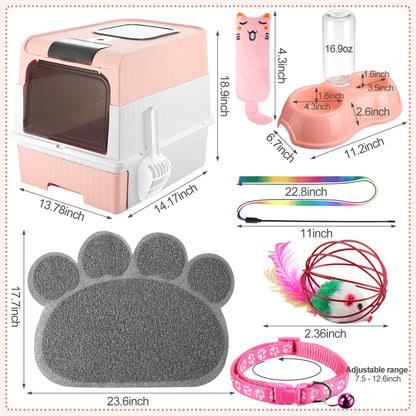 Tioncy 7 Pcs Small Cat Kitten Starter Kit Cat Litter Box with Shovel Paw Litter Mat Double Automatic Bowls Toy Teaser Stick Kitten Collar Essentials Kits for 1-3 Lbs Beginner(Pink)