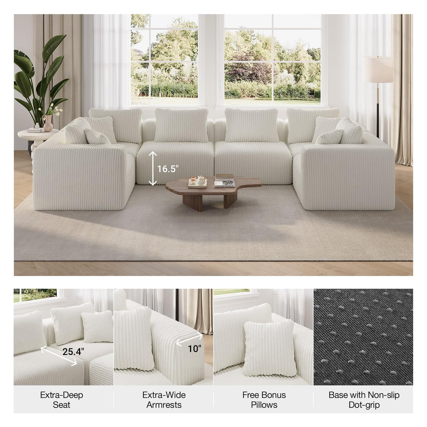 Novilla 141" Modular Sectional Sofa, Modern Cloud Sectional Couch with Smarts Coil® Support, U-Shape Boneless Couch for Living Room Apartments, No Assembly Required, Beige (4 Seat w/ 4 Ottoman)
