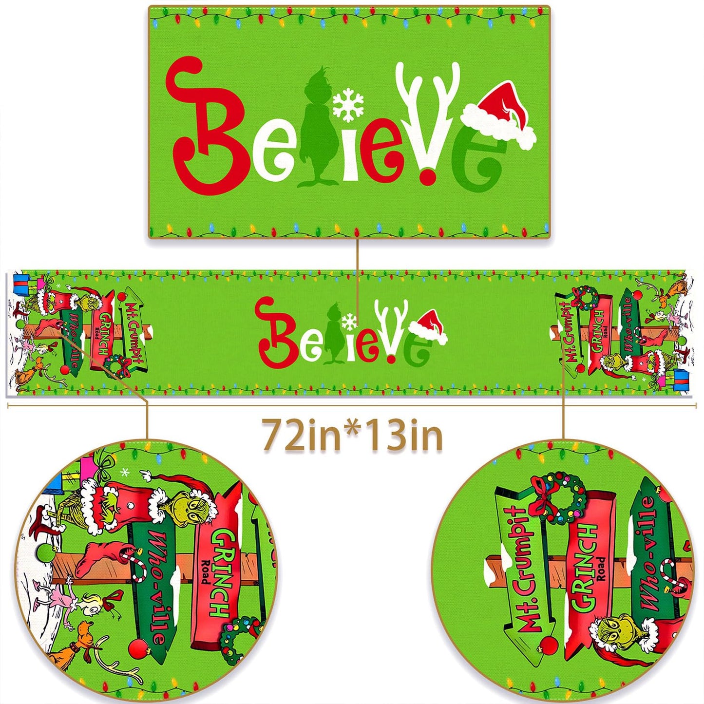 Christmas Table Runner Merry Christmas Winter Holiday Party Decoration Xmas Fireplace Kitchen Dining Room Home Decor (Green, 13" x 72")