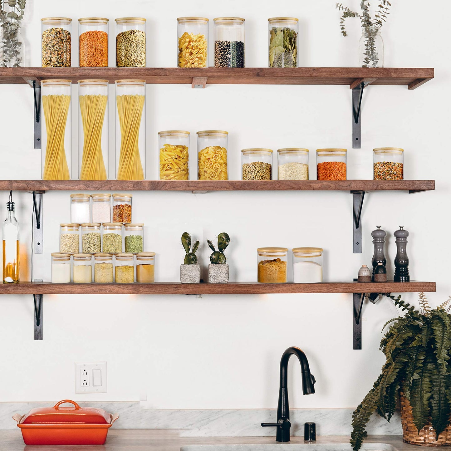 EcoEvo Glass Jars with Bamboo Lids (16oz in 9 Pack), Food Jars and Canisters Sets with lids, Food Storage Jars with Airtight Lids, Glass Pantry Jars