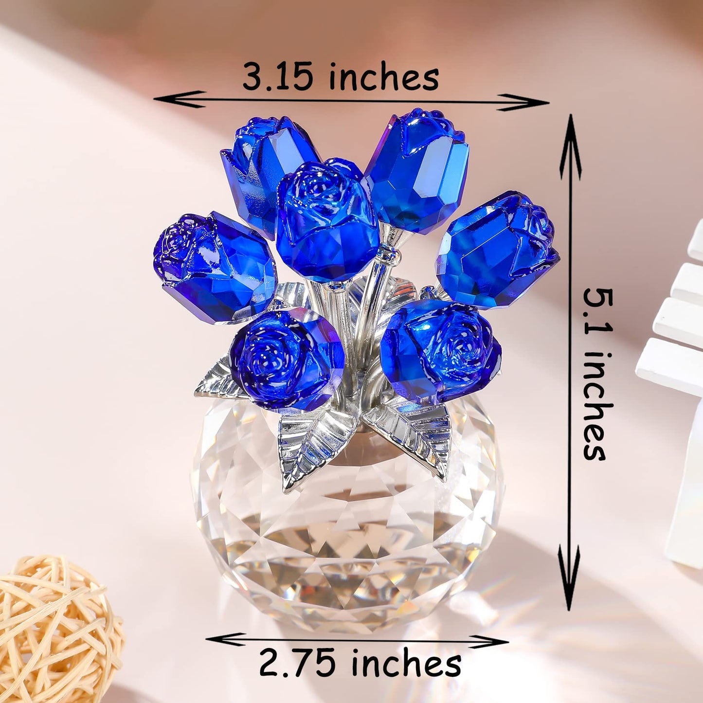 Blue Rose Flower Crystal Figurine with Vase, Bouquet Flowers Ornament Gifts for Wife Girlfriend Women , Handmade Crystal Flower Collectible Home Table Decor for Valentine's Day Wedding Anniversary