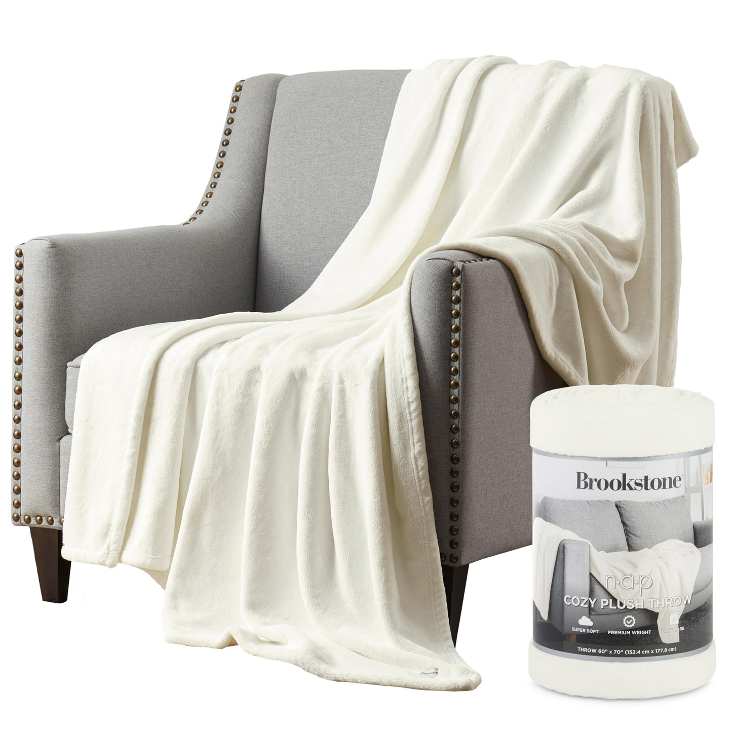Brookstone Nap Plush Throw Blanket for Couch | Warm & Super Soft Blanket with Unmatched Heavy, Dense, and Ultra-Comfy Throw | Luxurious Drape, Cozying Up on a Sofa, Chair | Ivory