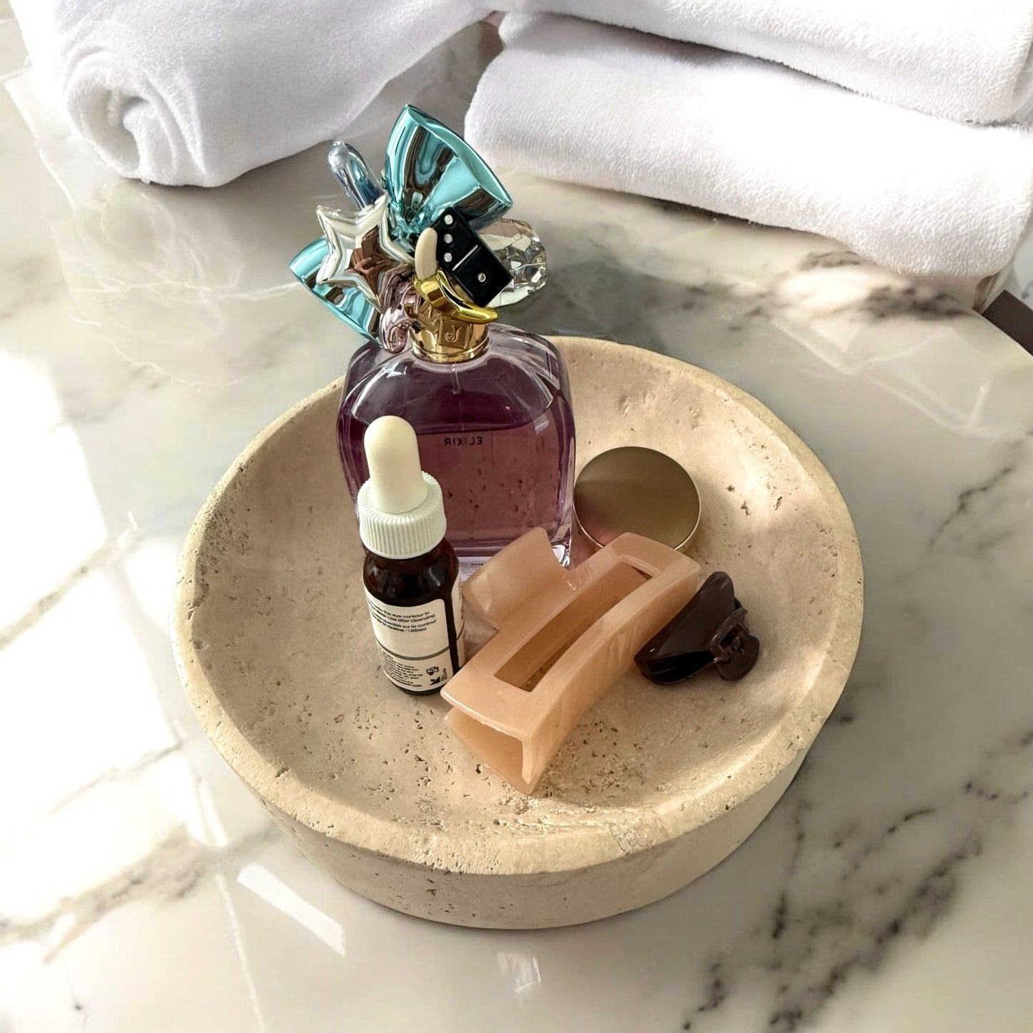 THE BIOPHILIQ Natural Travertine Stone Decorative Bowl | Handcrafted Beige Catchall Tray for Coffee Table, Entryway, Bathroom & Jewelry Storage | Modern Minimal Home Décor | Large, 7.8 inches
