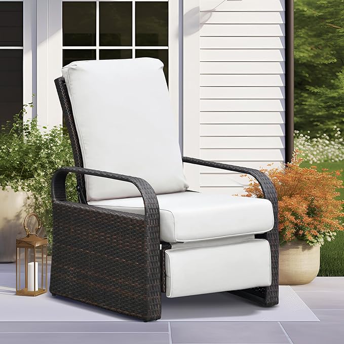 ART TO REAL Outdoor Recliner, Automatic Adjustable Wicker Lounge Recliner Chair with 5.12'' Thicken Cushion, All Weather Aluminum Frame, Brown Wicker + Beige Cushion