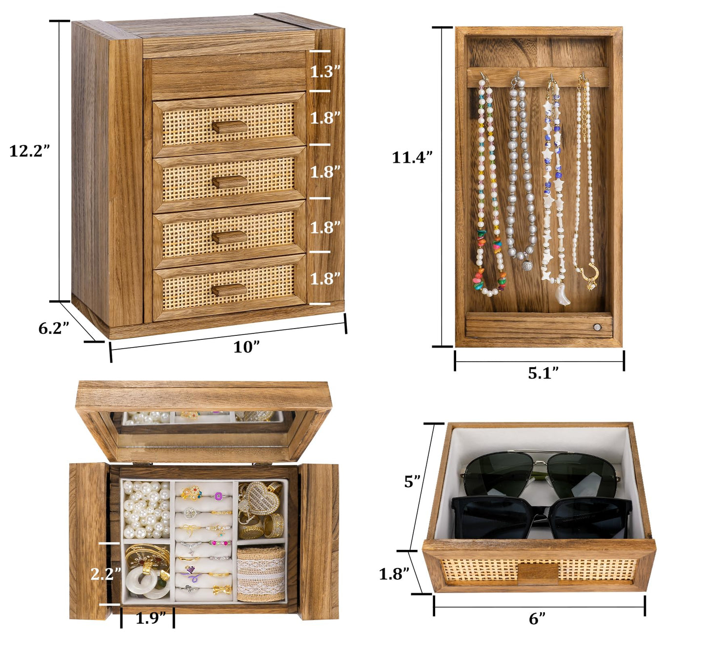 Jewelry Organizer, Rattan Jewelry Box, 5 Layer Wooden Jewelry Organizer Box with Mirror, Jewelry Boxes with 4 Drawers for Women Men, Jewelry Storage for Rings Earrings Necklaces Bracelets Watch