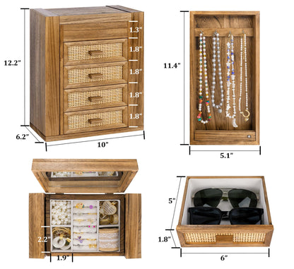 Jewelry Organizer, Rattan Jewelry Box, 5 Layer Wooden Jewelry Organizer Box with Mirror, Jewelry Boxes with 4 Drawers for Women Men, Jewelry Storage for Rings Earrings Necklaces Bracelets Watch