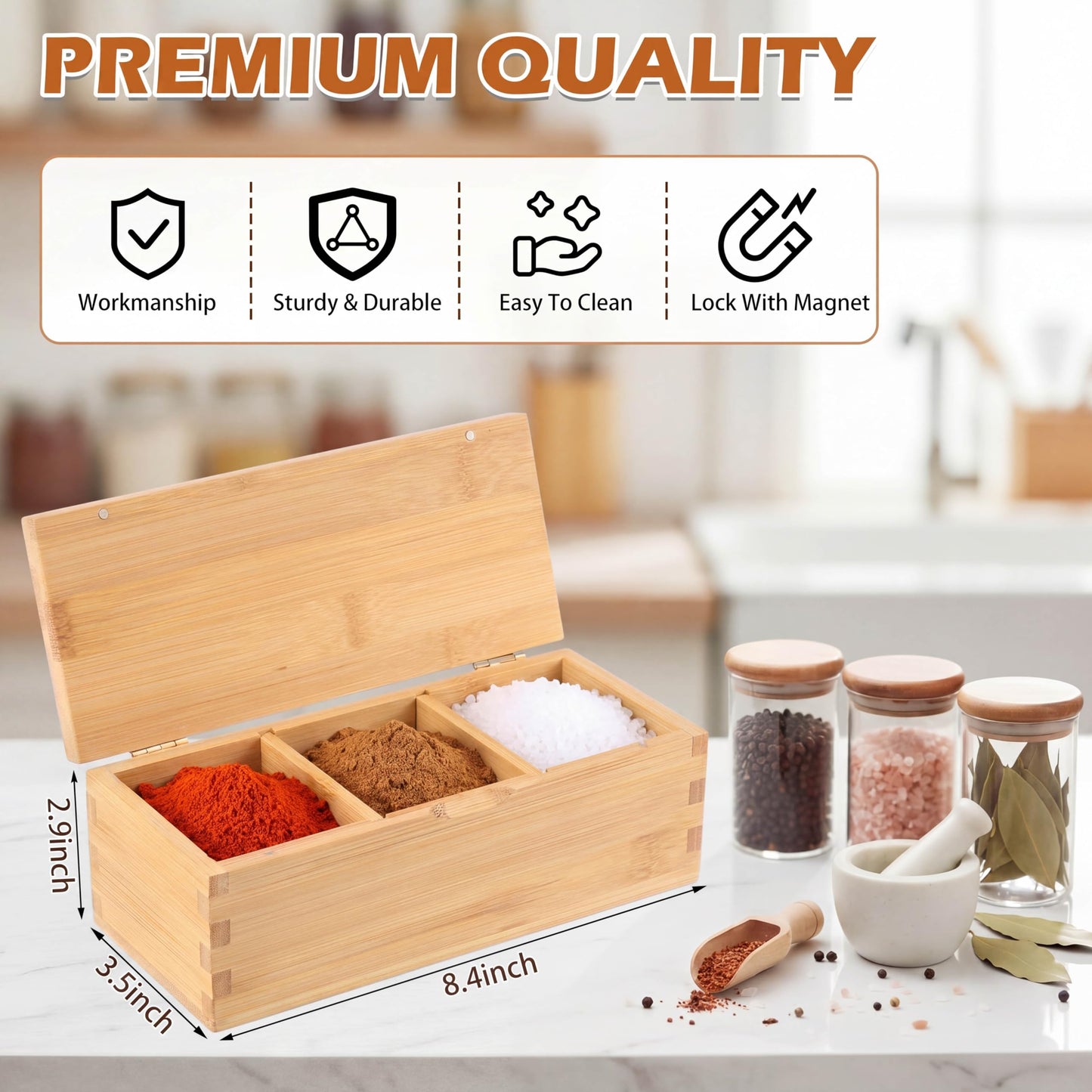 Yiyiring Bamboo Salt Cellar Spice Box with Magnetic Lid 29oz Large Capacity Salt Organizer 3 Compartments for Kitchen Countertop, Pepper, Seasonings, Spices, Grilling & Cooking